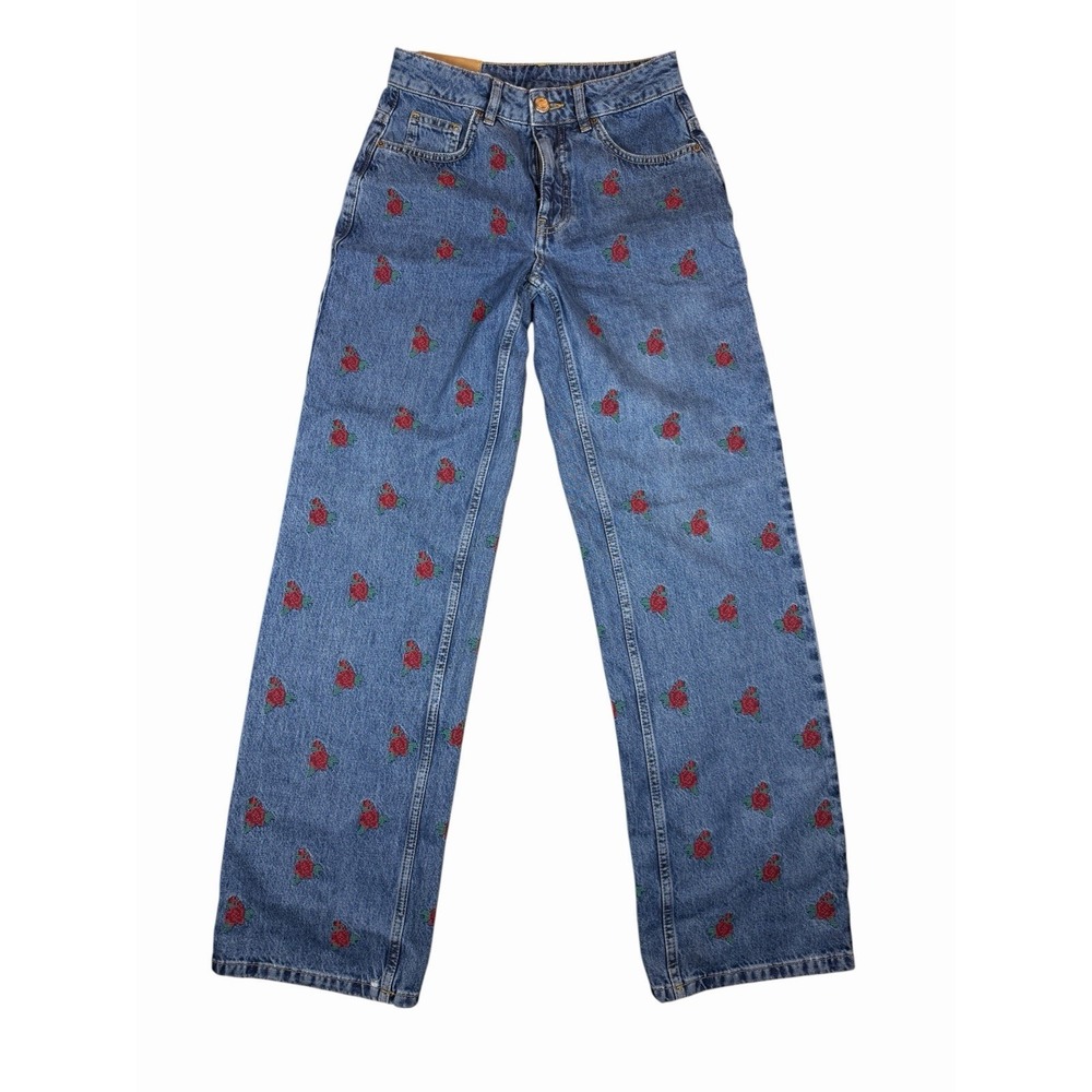 Farm Rio Women's Rose Embroidered Wide Leg High Rise Jeans Blue Size 25 Floral